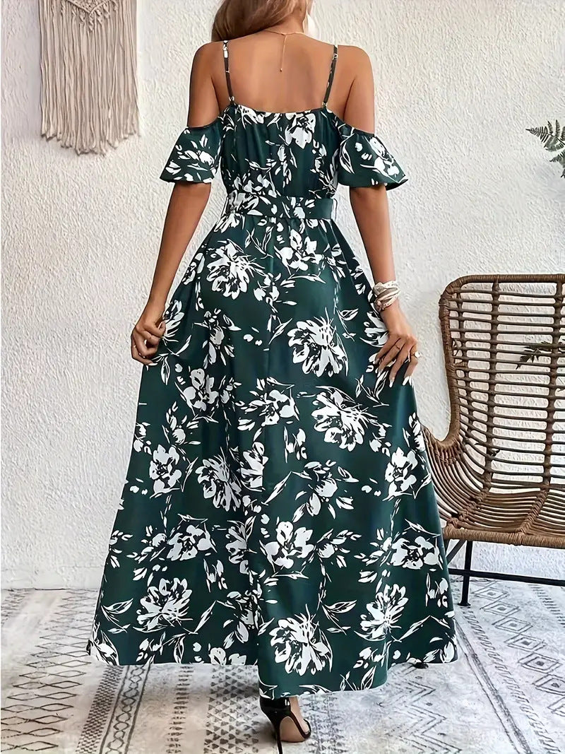 Flower Print Split Suspender Dress