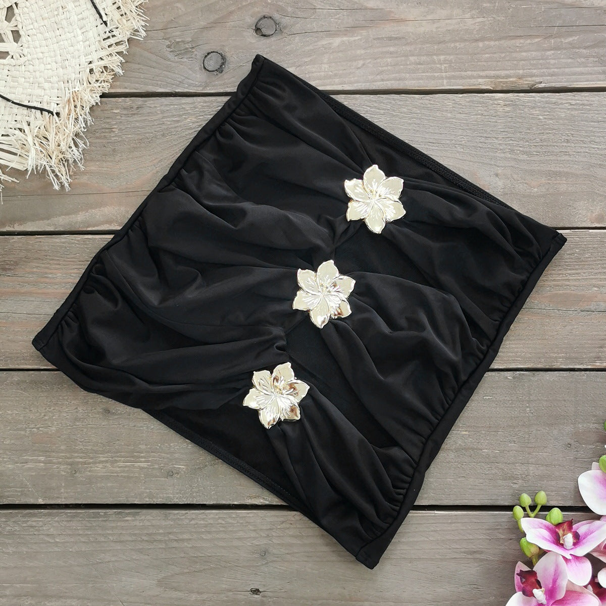 Hollow-Out Tube Top One-Piece Swimsuit W/ Skirt