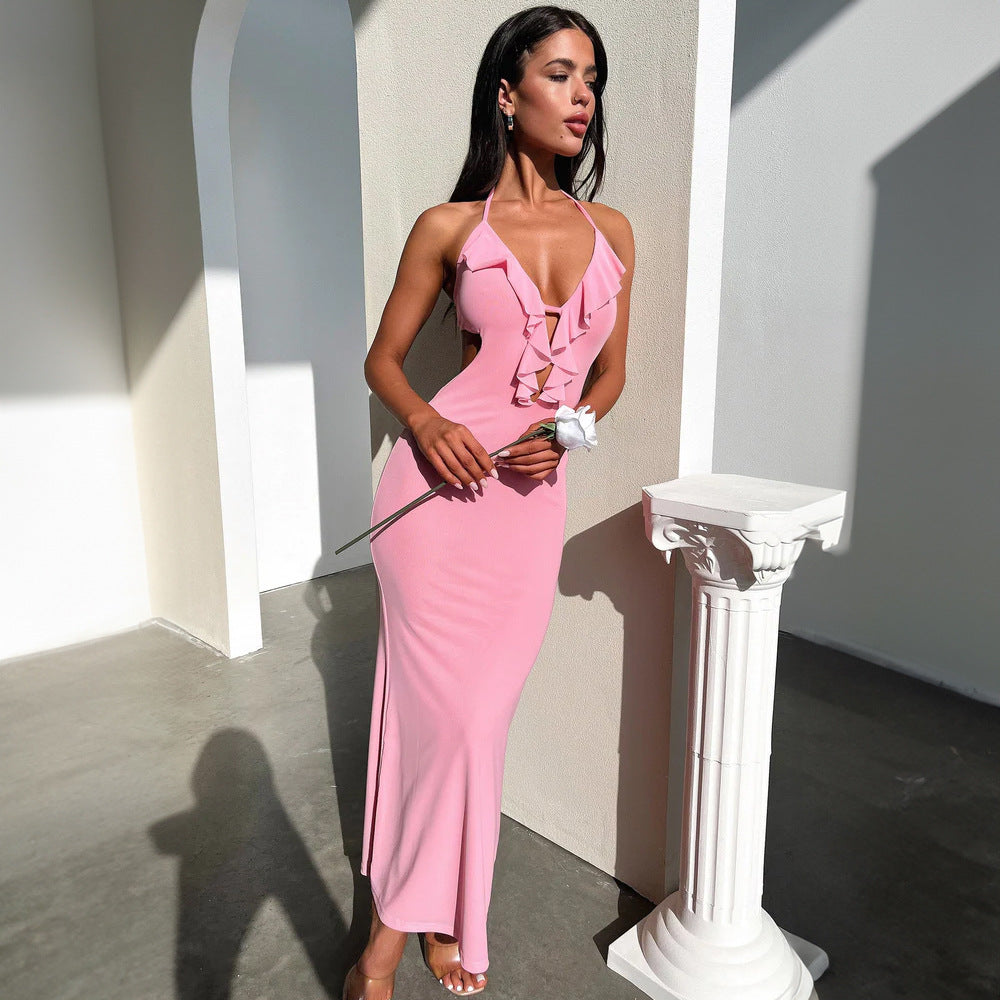 Close-Fitting & Slim-Fitting Pure Color Halter Sling Dress