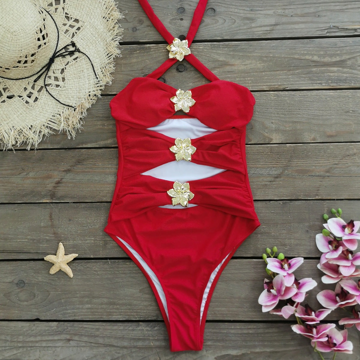 Hollow-Out Tube Top One-Piece Swimsuit W/ Skirt