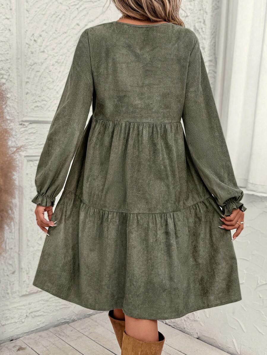 Casual Solid Color Ruffle Sleeve Midi Dress