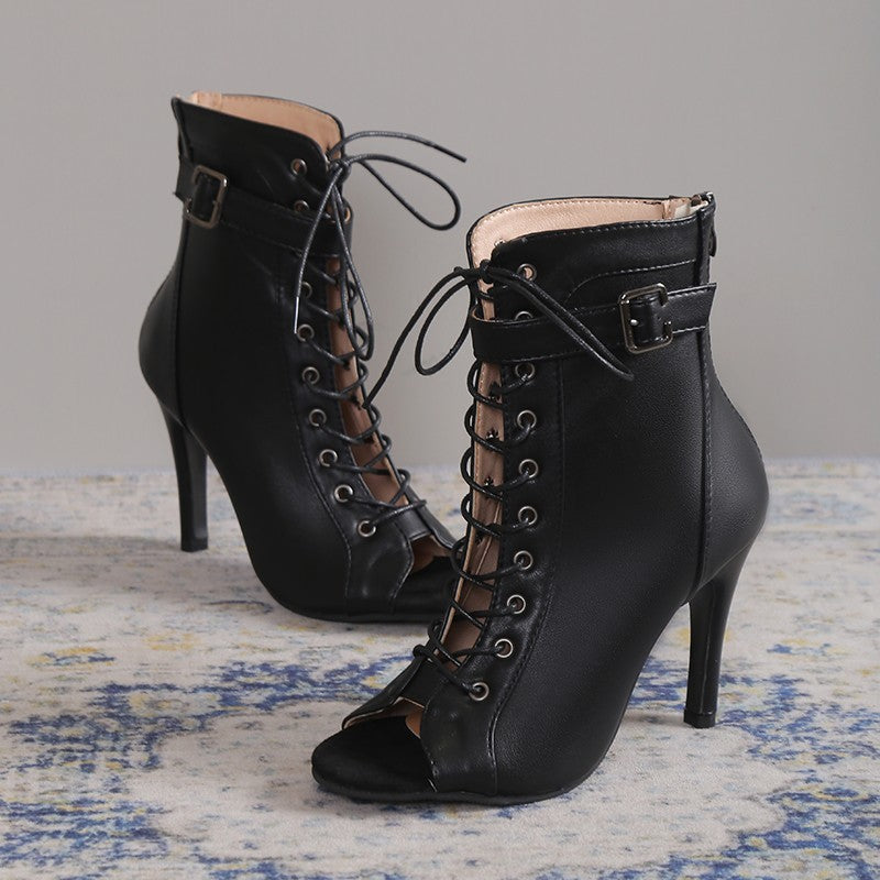 Women's Peep Toe High Heel Pumps Shoes Fashion Lace-up Buckle With Back Zipper Design