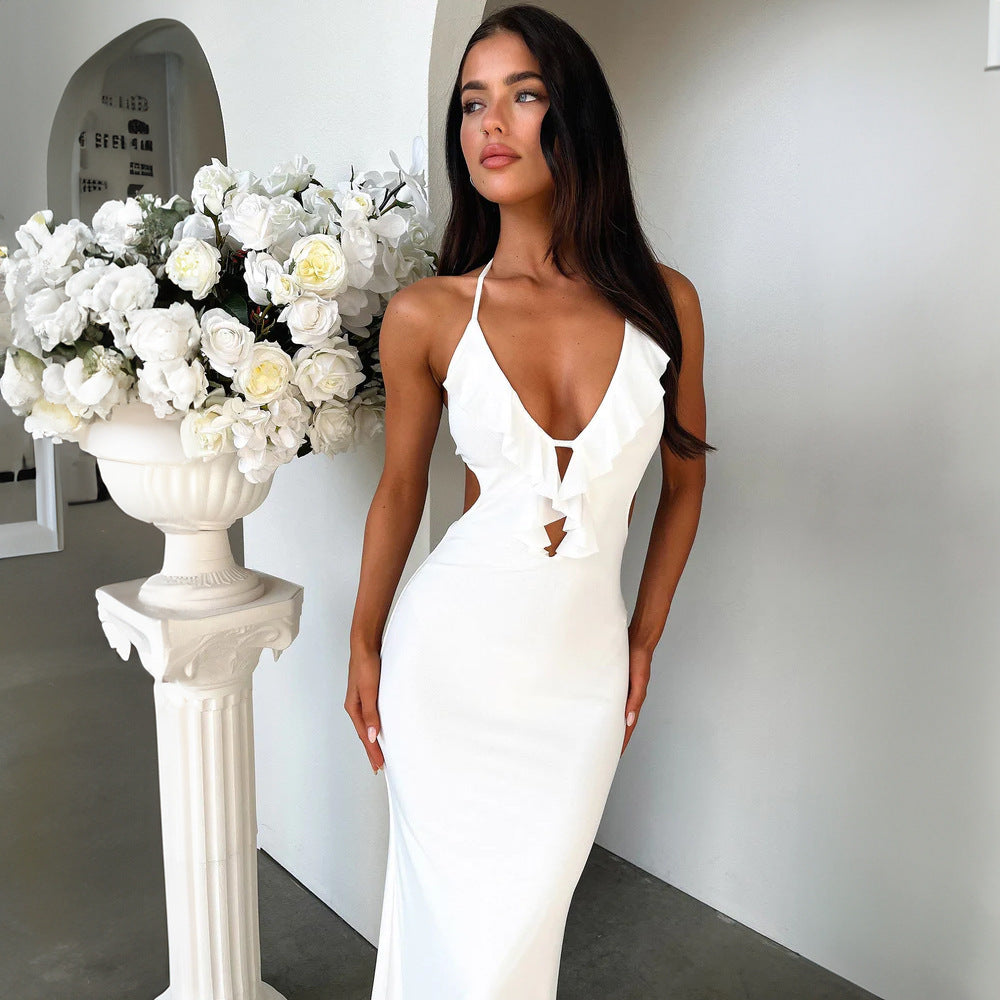 Close-Fitting & Slim-Fitting Pure Color Halter Sling Dress
