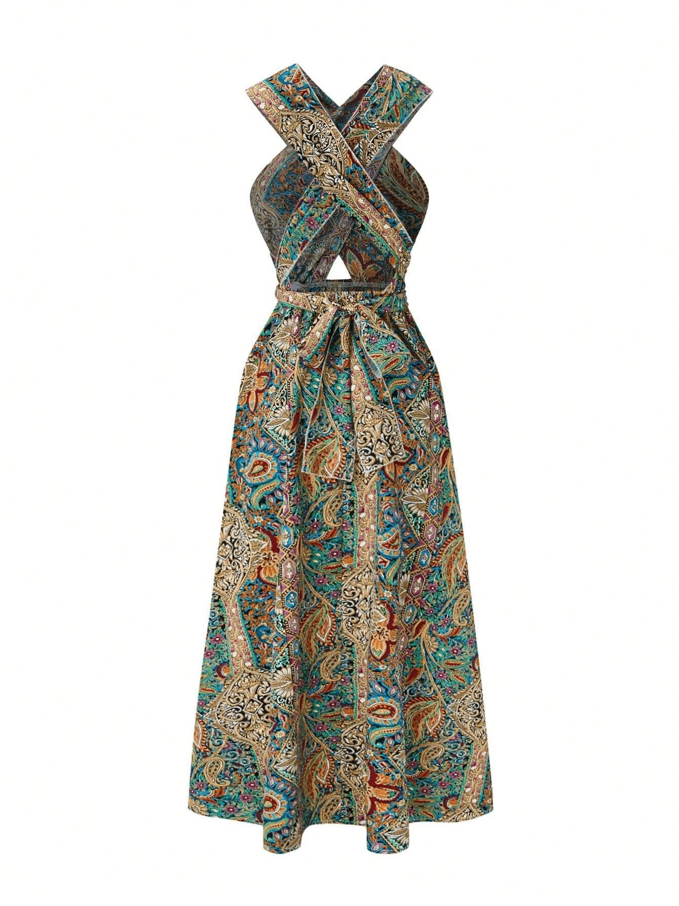 Maxi Dress High Waisted Cross Halter Neck W/ Tie Detail