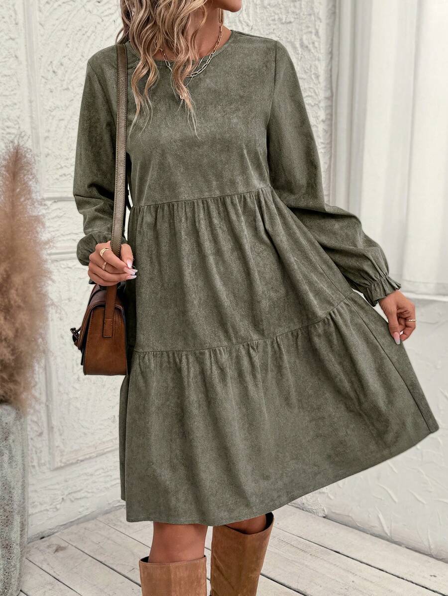 Casual Solid Color Ruffle Sleeve Midi Dress