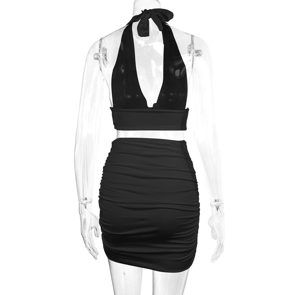 Halter Lace-up Top & Pleated Hip-Covering Skirt