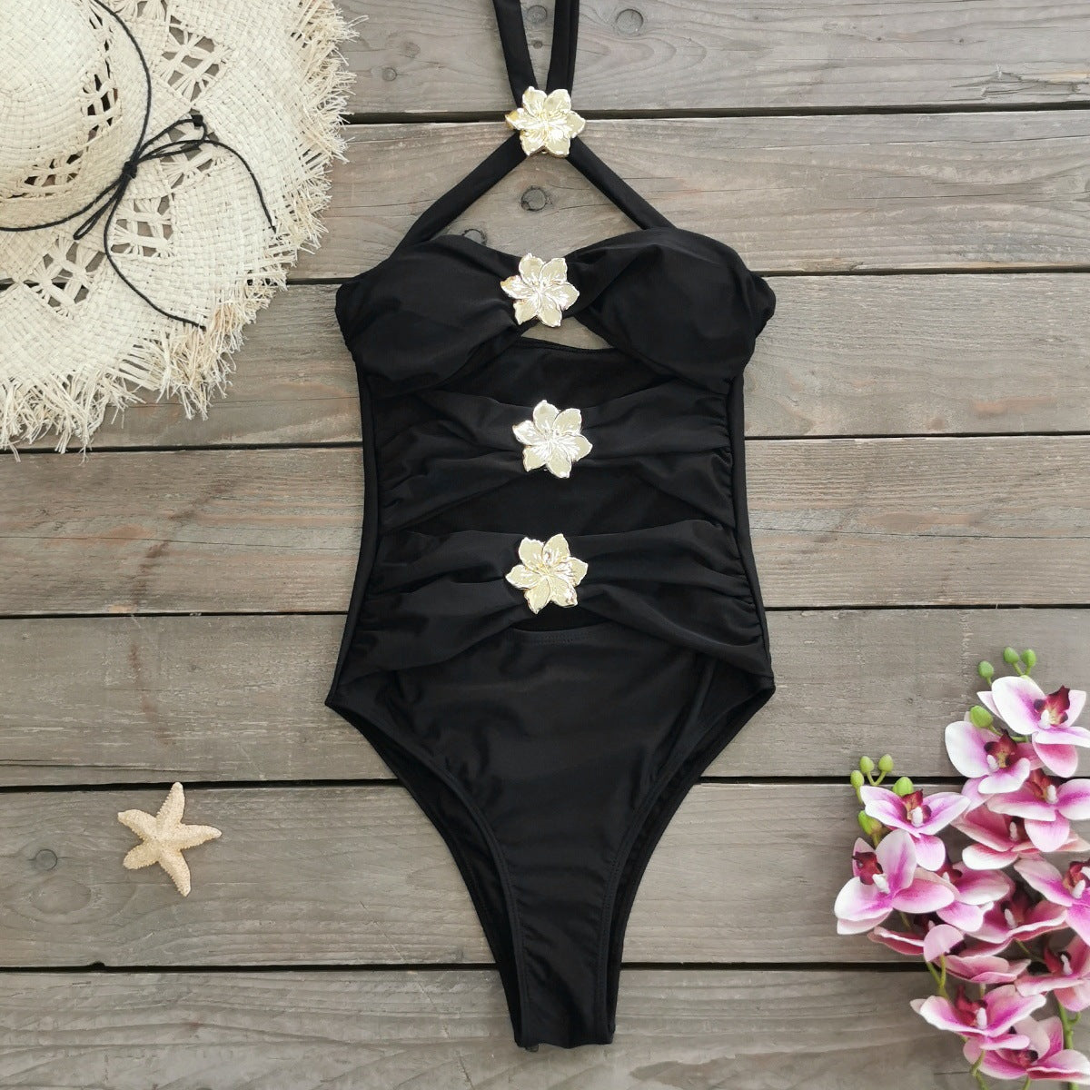 Hollow-Out Tube Top One-Piece Swimsuit W/ Skirt