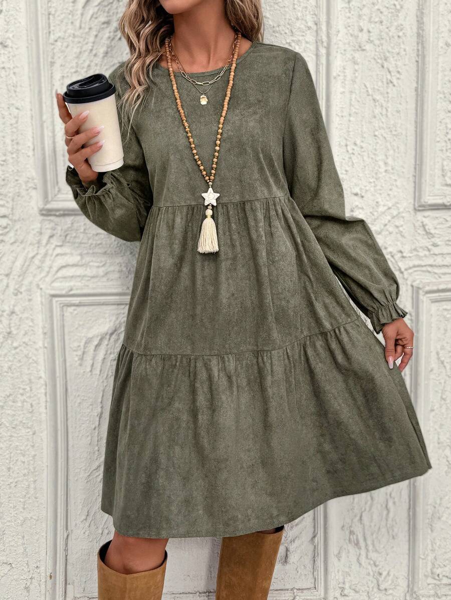 Casual Solid Color Ruffle Sleeve Midi Dress
