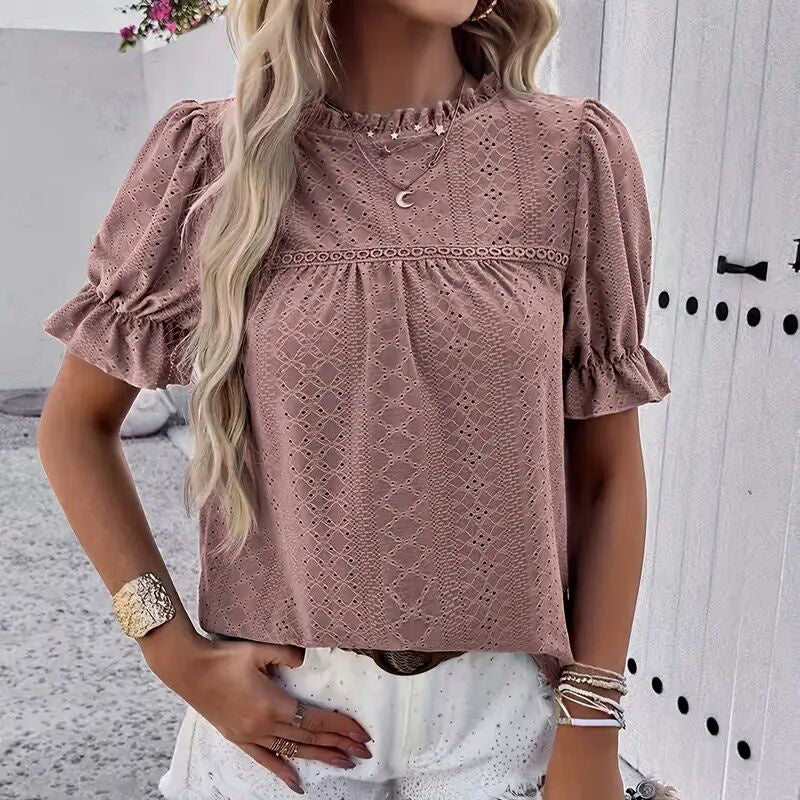 Elegant Ruffle Detail Blouse Short Sleeve Round Neck Top