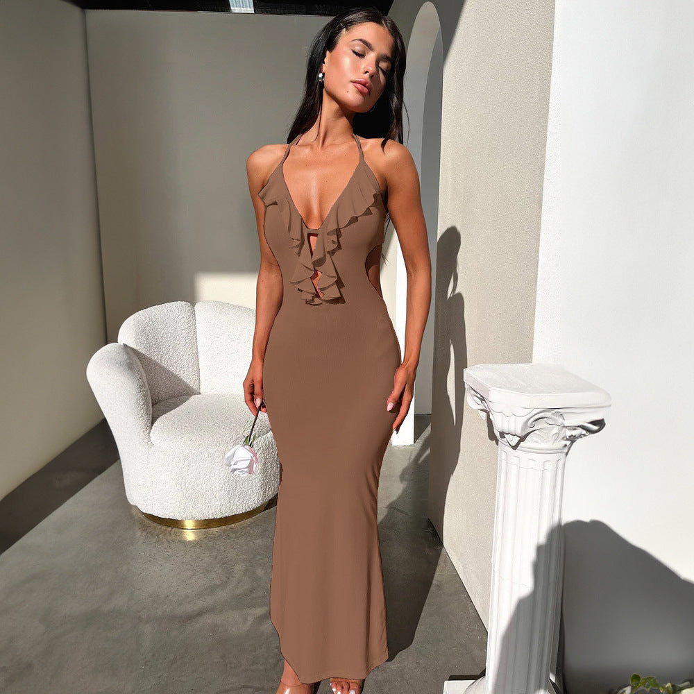 Close-Fitting & Slim-Fitting Pure Color Halter Sling Dress