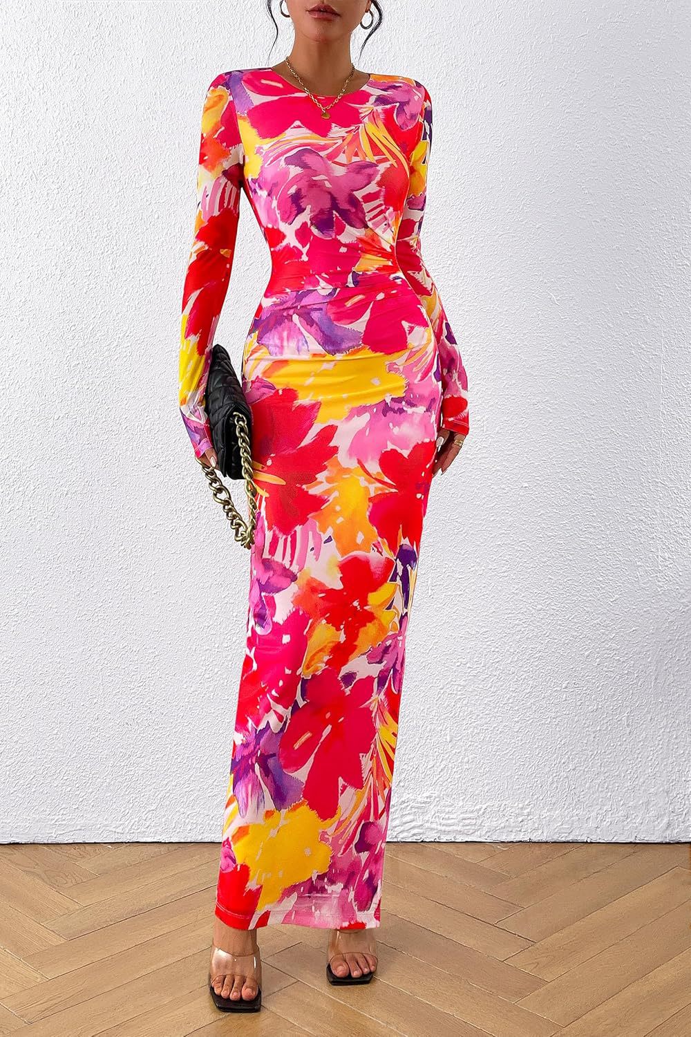 Printed Tight Pleated Slim Fit Dress