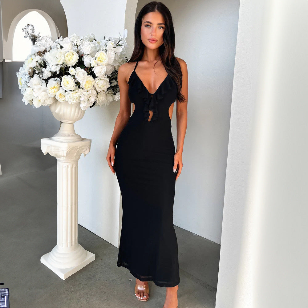 Close-Fitting & Slim-Fitting Pure Color Halter Sling Dress