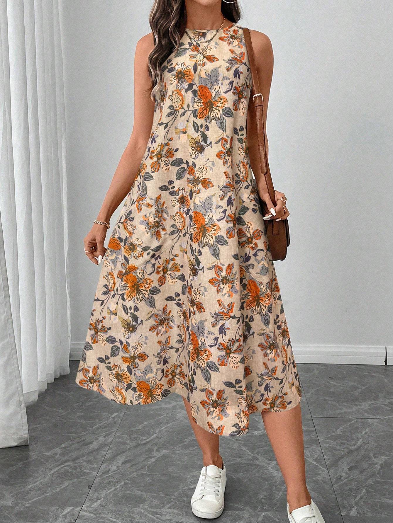 Round Neck Sleeveless Flared Hem Midi Dress