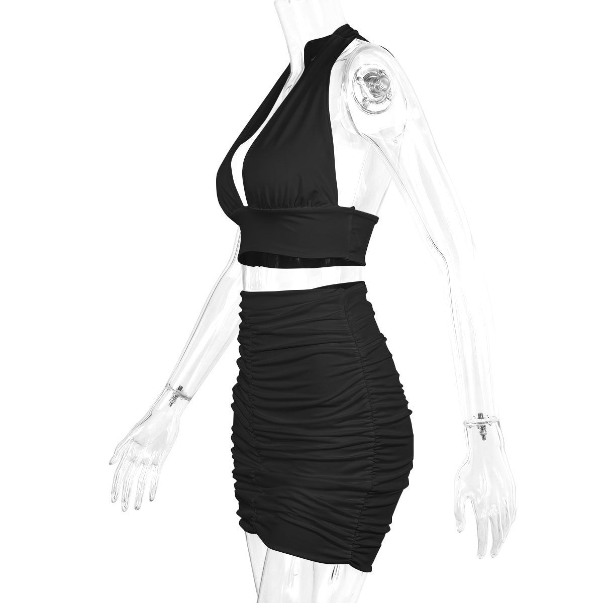 Halter Lace-up Top & Pleated Hip-Covering Skirt