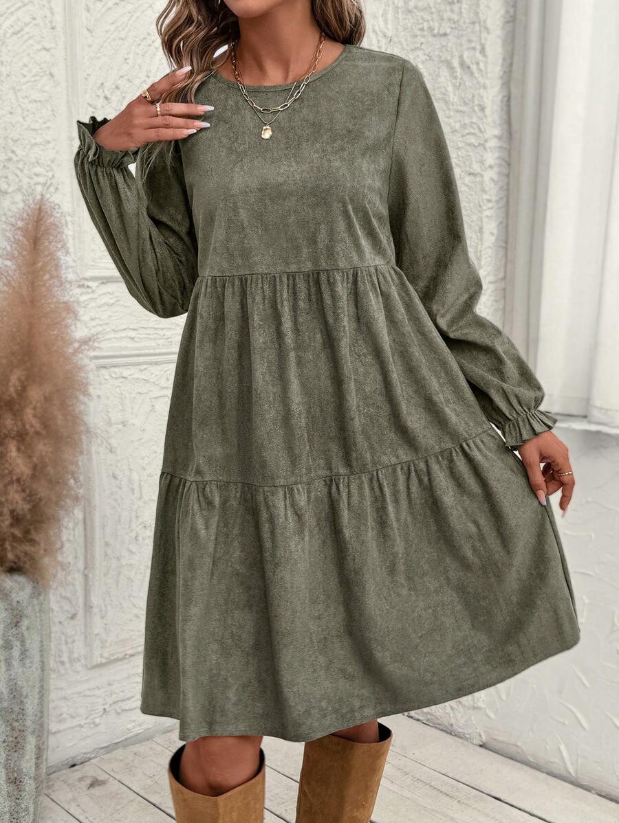 Casual Solid Color Ruffle Sleeve Midi Dress