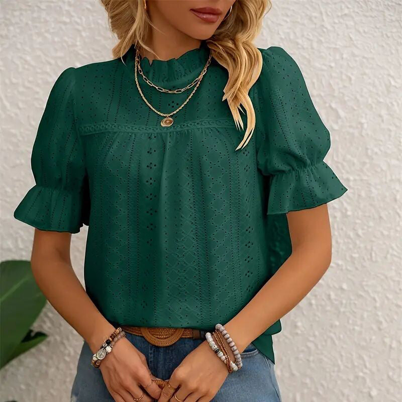 Elegant Ruffle Detail Blouse Short Sleeve Round Neck Top