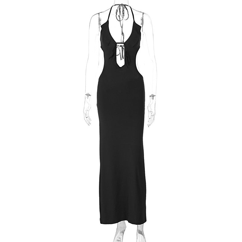 Close-Fitting & Slim-Fitting Pure Color Halter Sling Dress