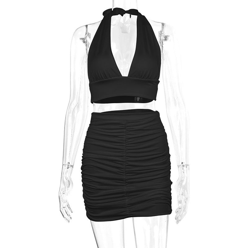 Halter Lace-up Top & Pleated Hip-Covering Skirt