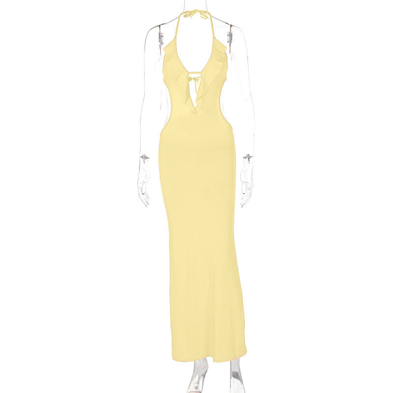 Close-Fitting & Slim-Fitting Pure Color Halter Sling Dress