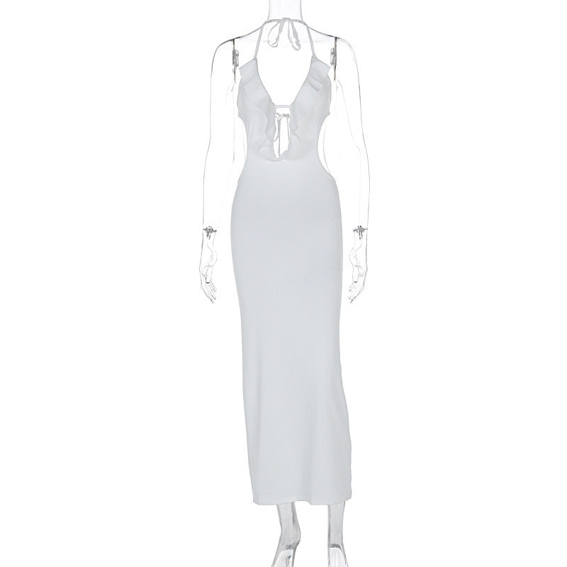 Close-Fitting & Slim-Fitting Pure Color Halter Sling Dress