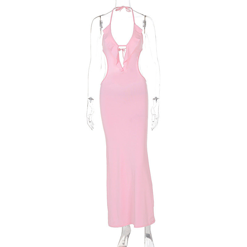 Close-Fitting & Slim-Fitting Pure Color Halter Sling Dress