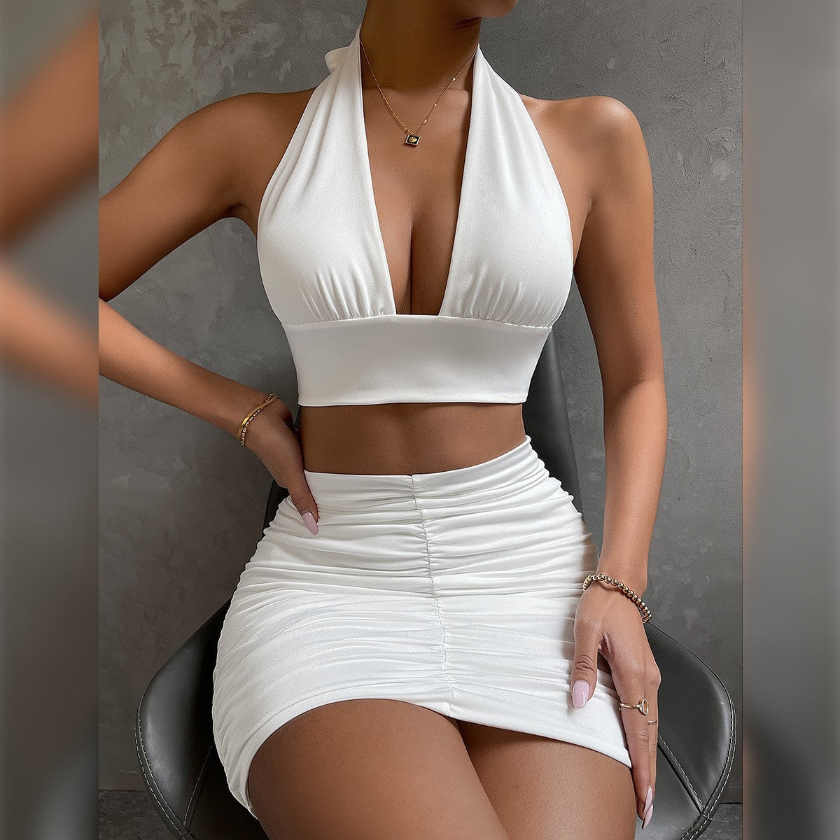 Halter Lace-up Top & Pleated Hip-Covering Skirt