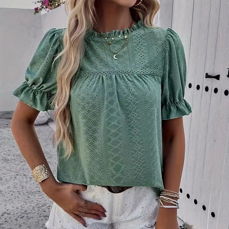 Elegant Ruffle Detail Blouse Short Sleeve Round Neck Top