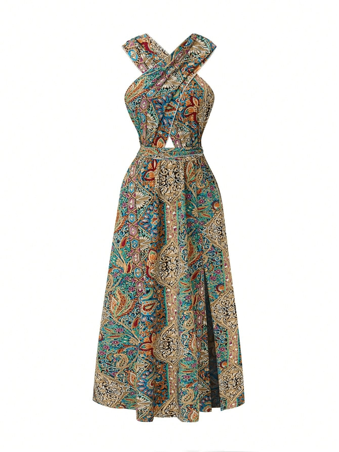 Maxi Dress High Waisted Cross Halter Neck W/ Tie Detail