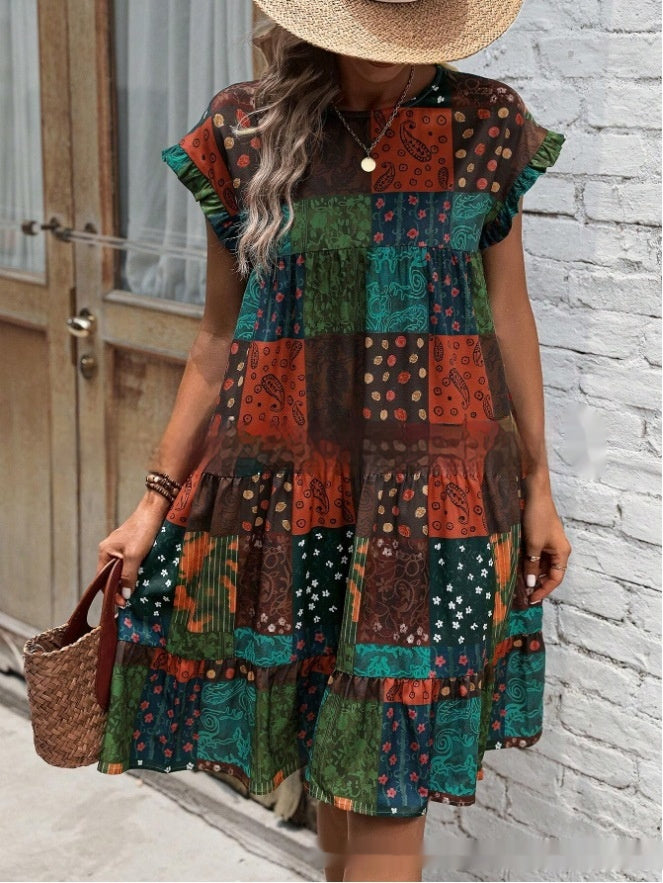 Printed Round Neck Casual All-Matching Fashion Dress