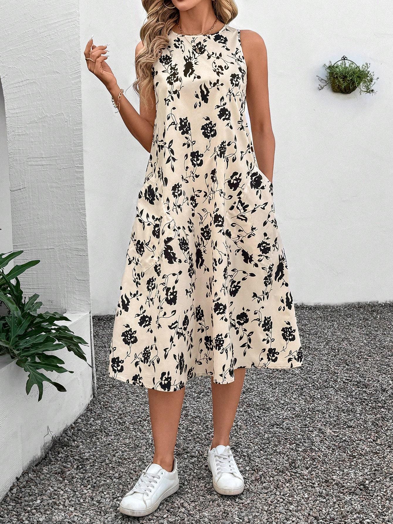 Round Neck Sleeveless Flared Hem Midi Dress