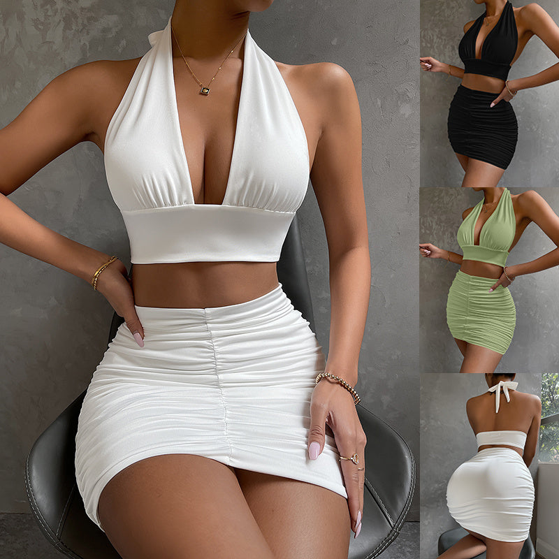 Halter Lace-up Top & Pleated Hip-Covering Skirt