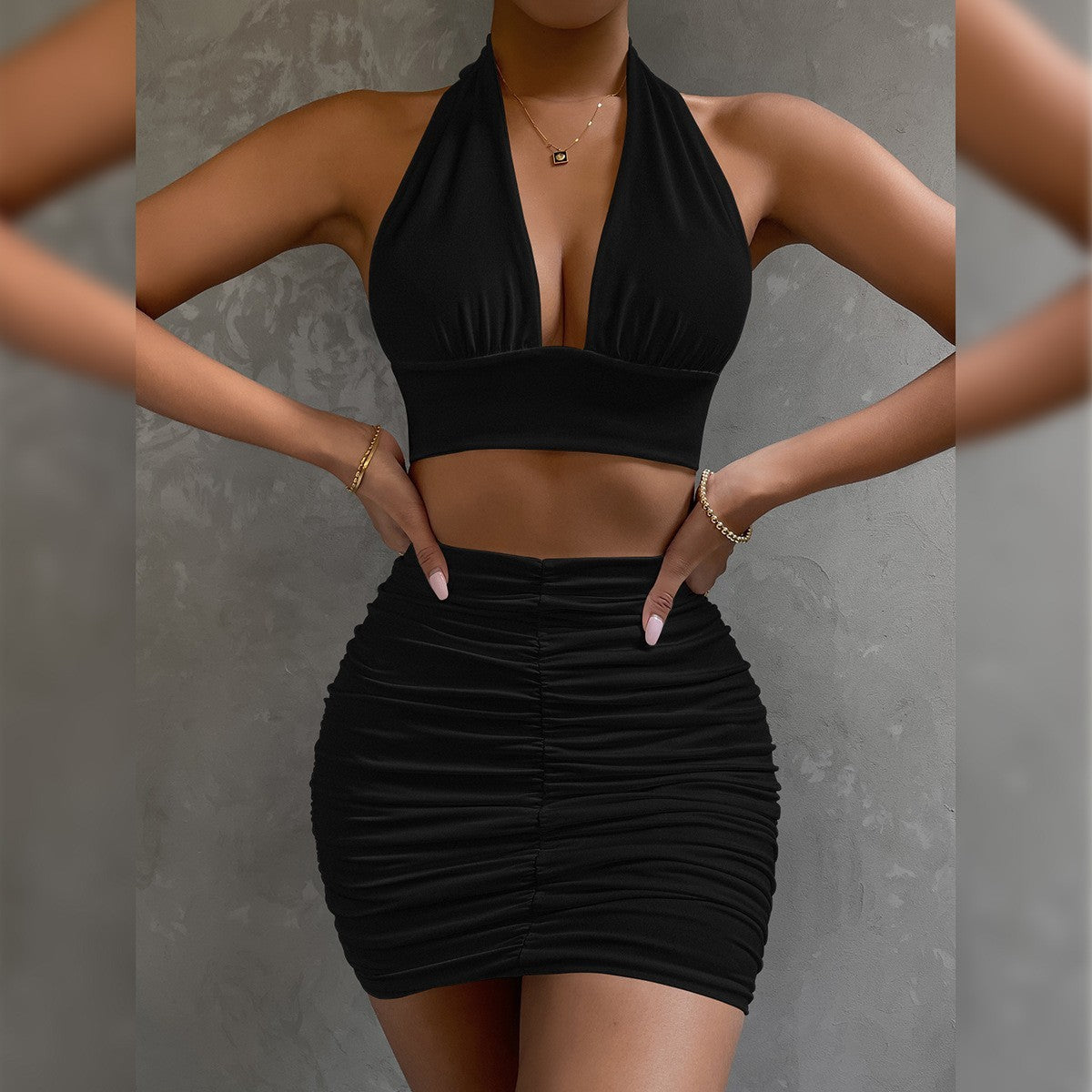Halter Lace-up Top & Pleated Hip-Covering Skirt