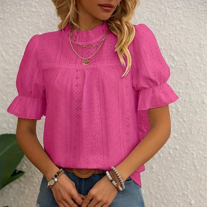 Elegant Ruffle Detail Blouse Short Sleeve Round Neck Top