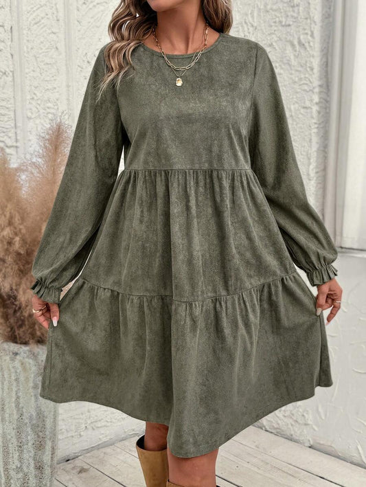 Casual Solid Color Ruffle Sleeve Midi Dress