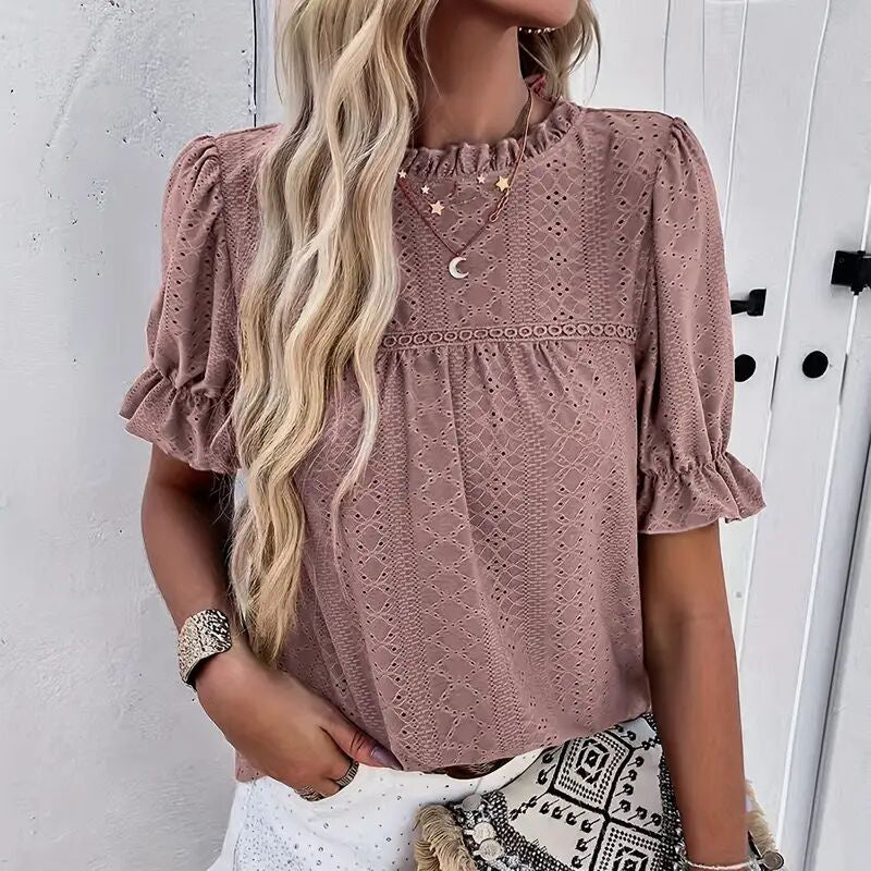 Elegant Ruffle Detail Blouse Short Sleeve Round Neck Top