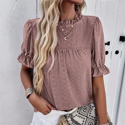 Elegant Ruffle Detail Blouse Short Sleeve Round Neck Top