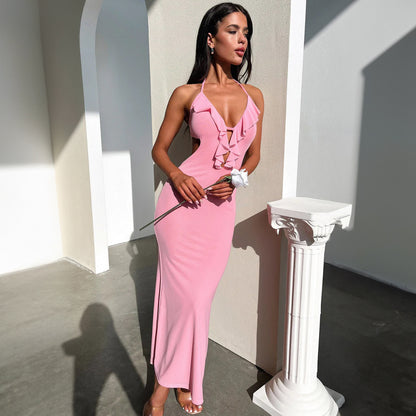 Close-Fitting & Slim-Fitting Pure Color Halter Sling Dress