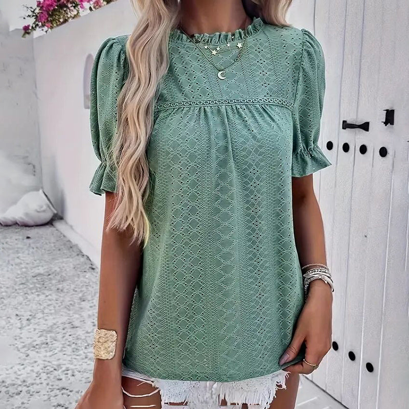 Elegant Ruffle Detail Blouse Short Sleeve Round Neck Top