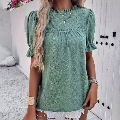 Elegant Ruffle Detail Blouse Short Sleeve Round Neck Top