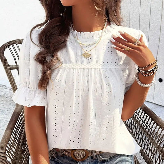 Elegant Ruffle Detail Blouse Short Sleeve Round Neck Top