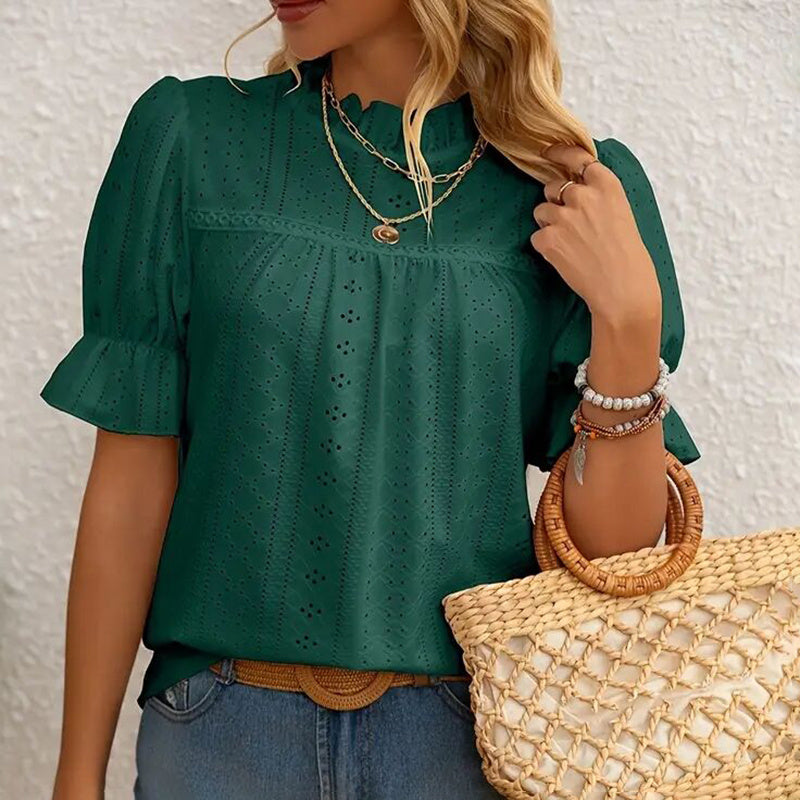 Elegant Ruffle Detail Blouse Short Sleeve Round Neck Top