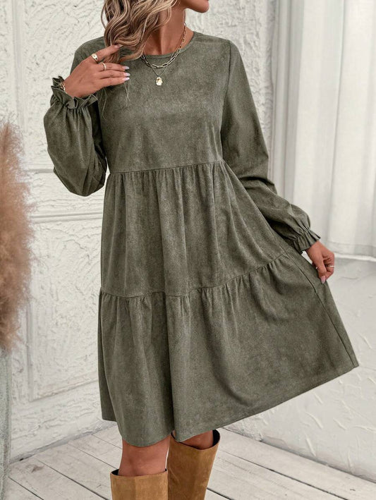 Casual Solid Color Ruffle Sleeve Midi Dress