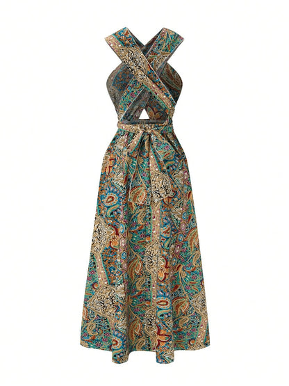 Maxi Dress High Waisted Cross Halter Neck W/ Tie Detail