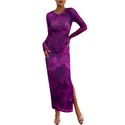 Printed Tight Pleated Slim Fit Dress