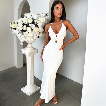 Close-Fitting & Slim-Fitting Pure Color Halter Sling Dress