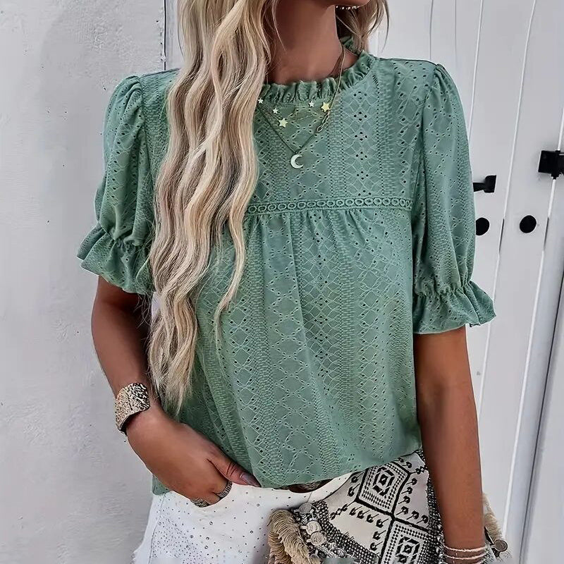 Elegant Ruffle Detail Blouse Short Sleeve Round Neck Top