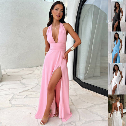 Backless V-Neck Slit Summer Dress