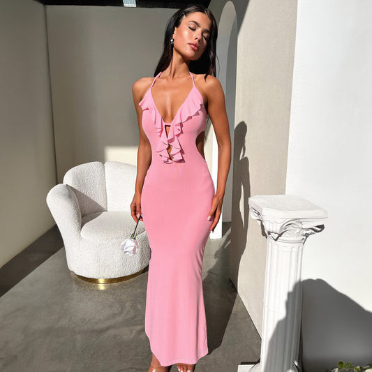 Close-Fitting & Slim-Fitting Pure Color Halter Sling Dress