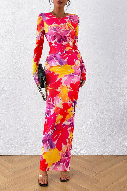 Printed Tight Pleated Slim Fit Dress