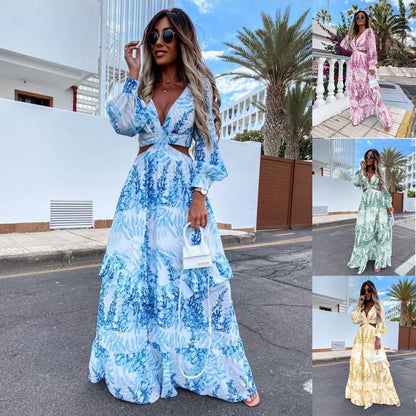Elegant Hollow Floor V-neck Long-sleeved Plant Dress